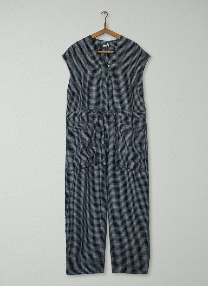 Reworn Check Linen Jumpsuit Size L (987) | Multi