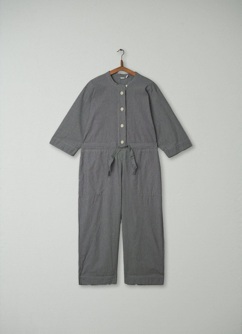 Reworn Gingham Cotton Jumpsuit Size M (153) | Slate/Ecru
