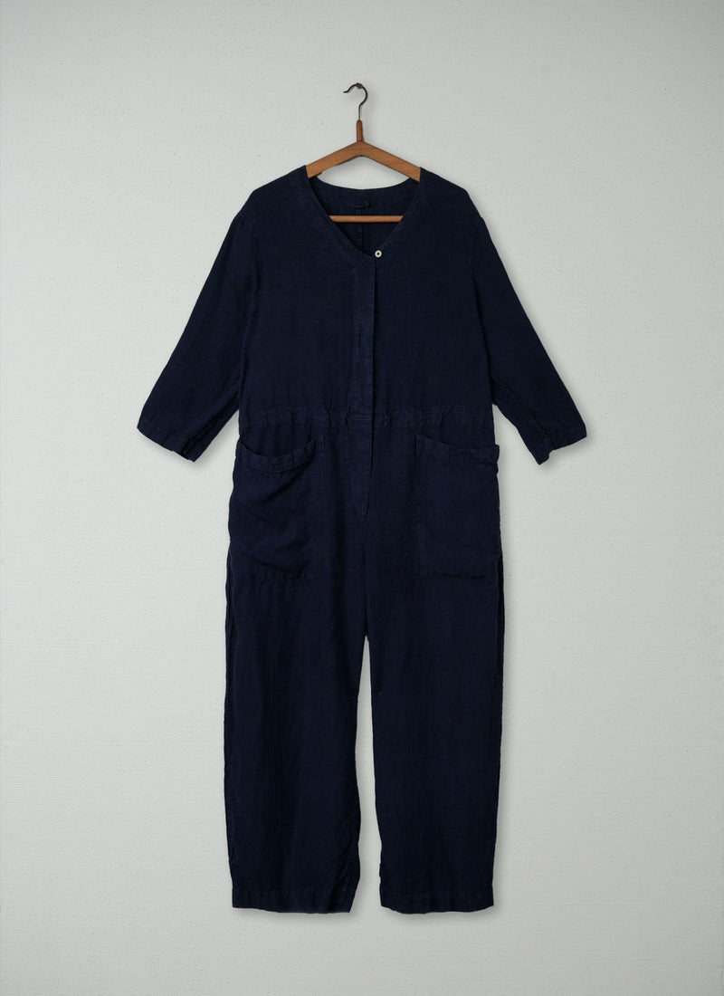 Reworn Linen Jumpsuit Size L (005) | Midnight