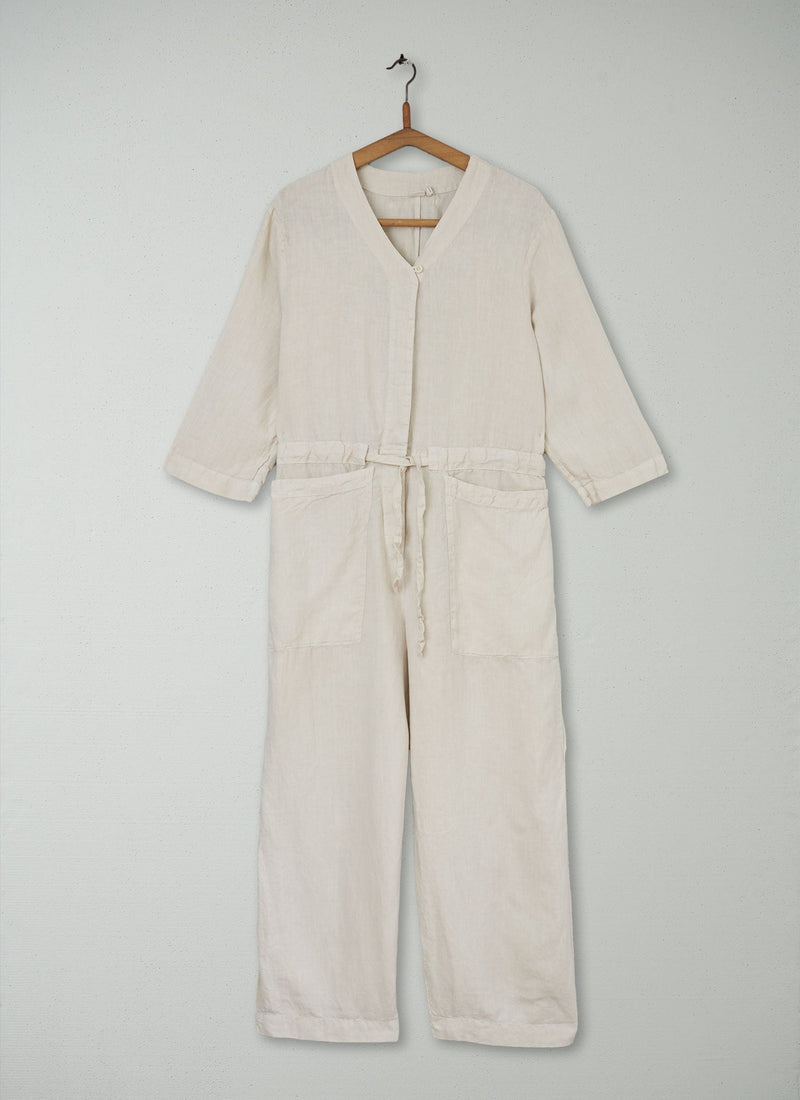 Reworn Tie Waist Linen Jumpsuit Size M (1212) | Parchment