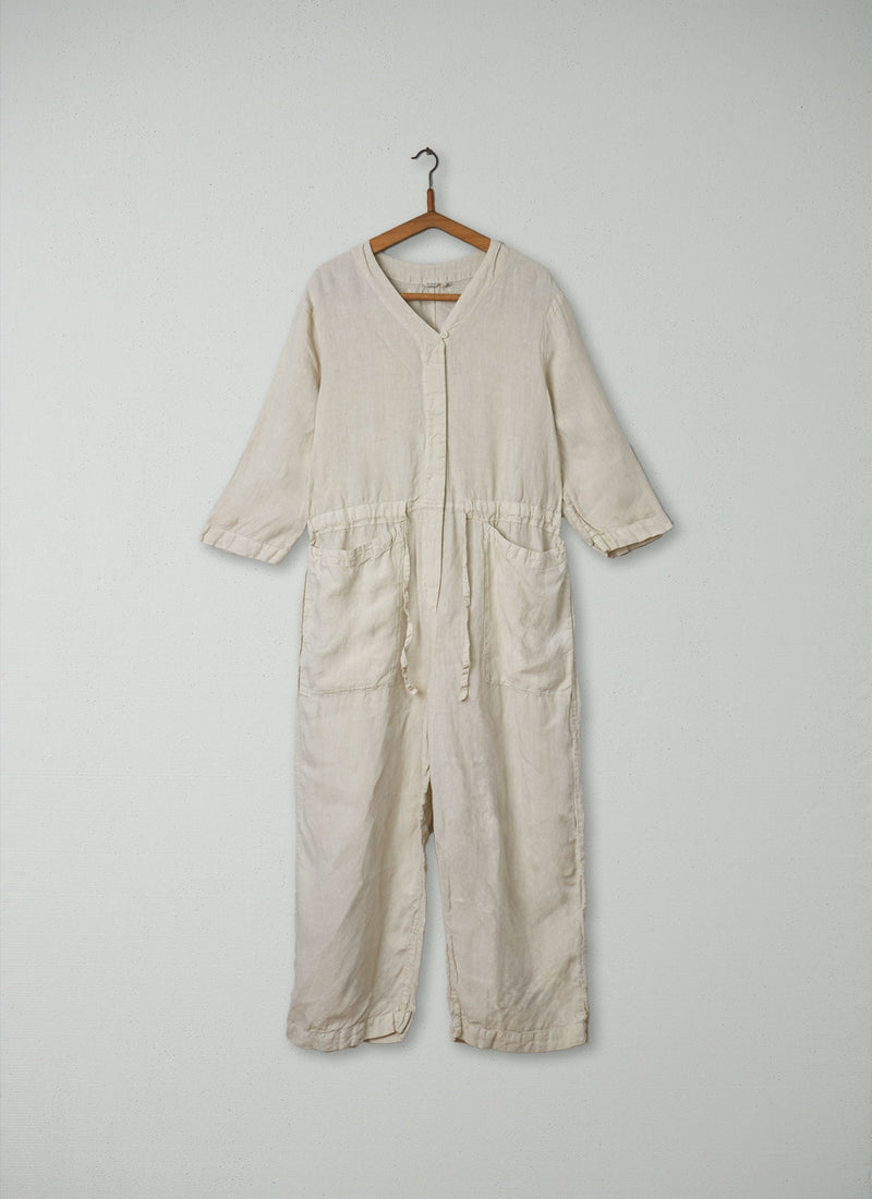 Reworn Tie Waist Linen Jumpsuit Size M (156) | Parchment