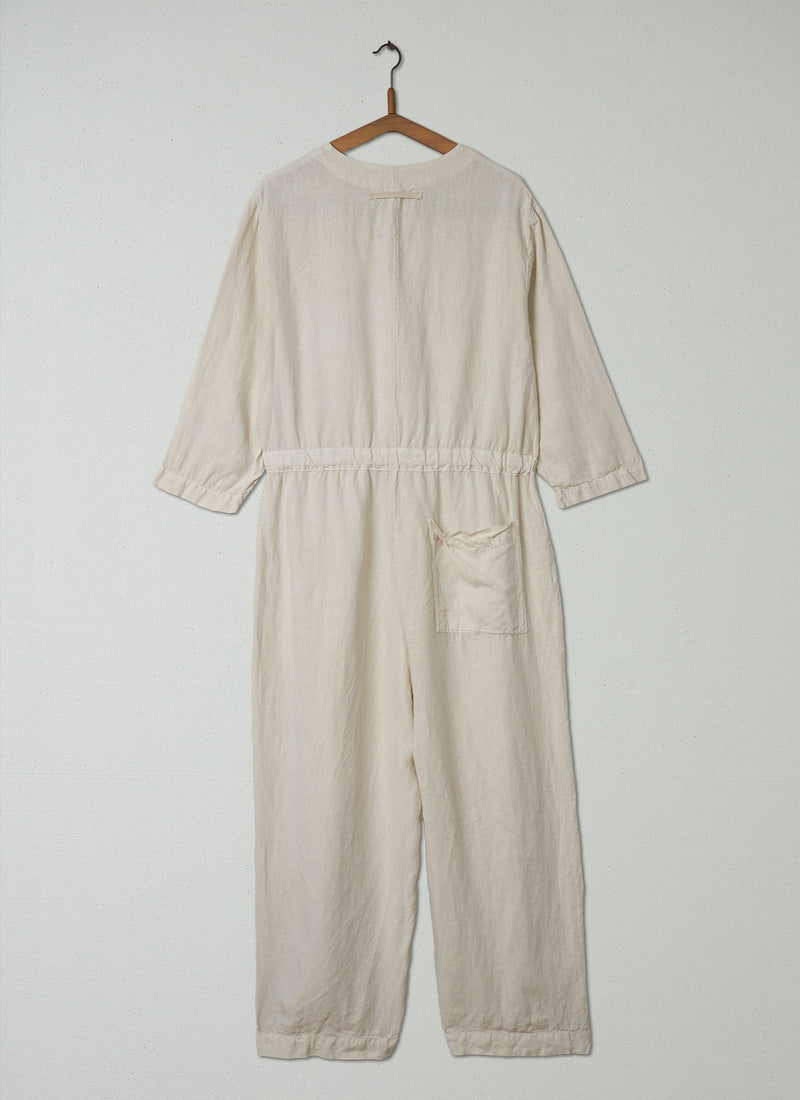 Reworn Tie Waist Linen Jumpsuit Size M (178) | Parchment