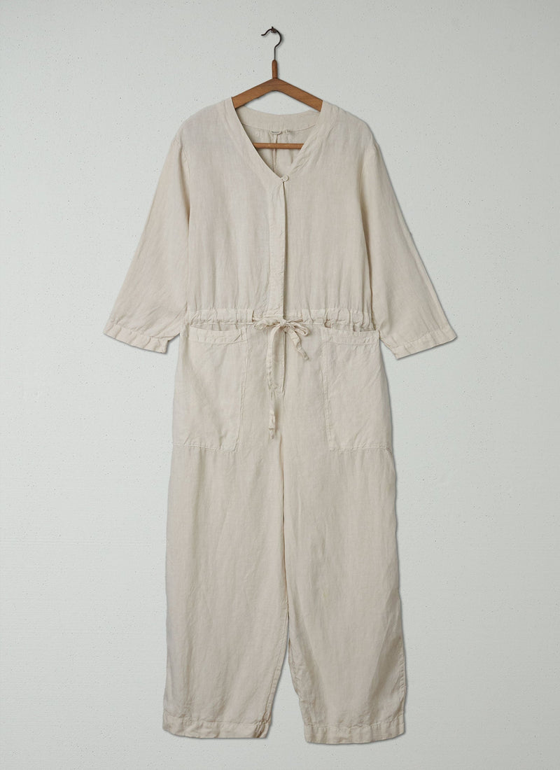 Reworn Tie Waist Linen Jumpsuit Size M (178) | Parchment