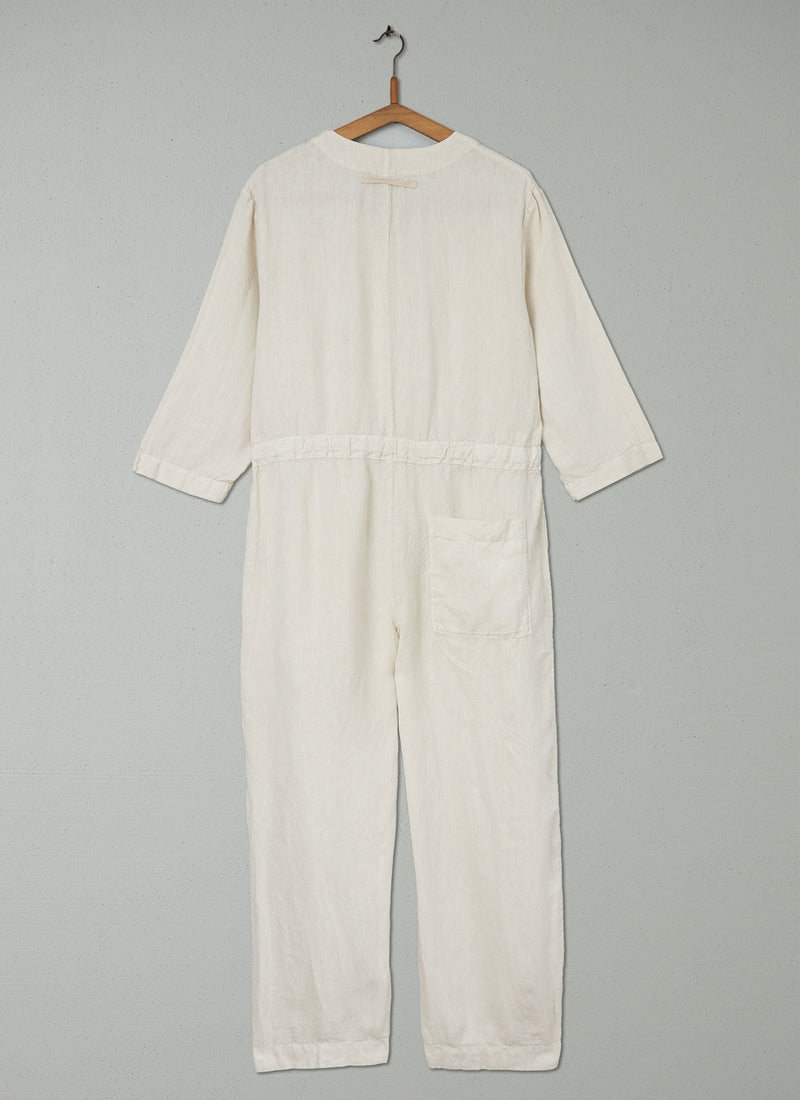 Reworn Tie Waist Linen Jumpsuit Size M (744) | Parchment
