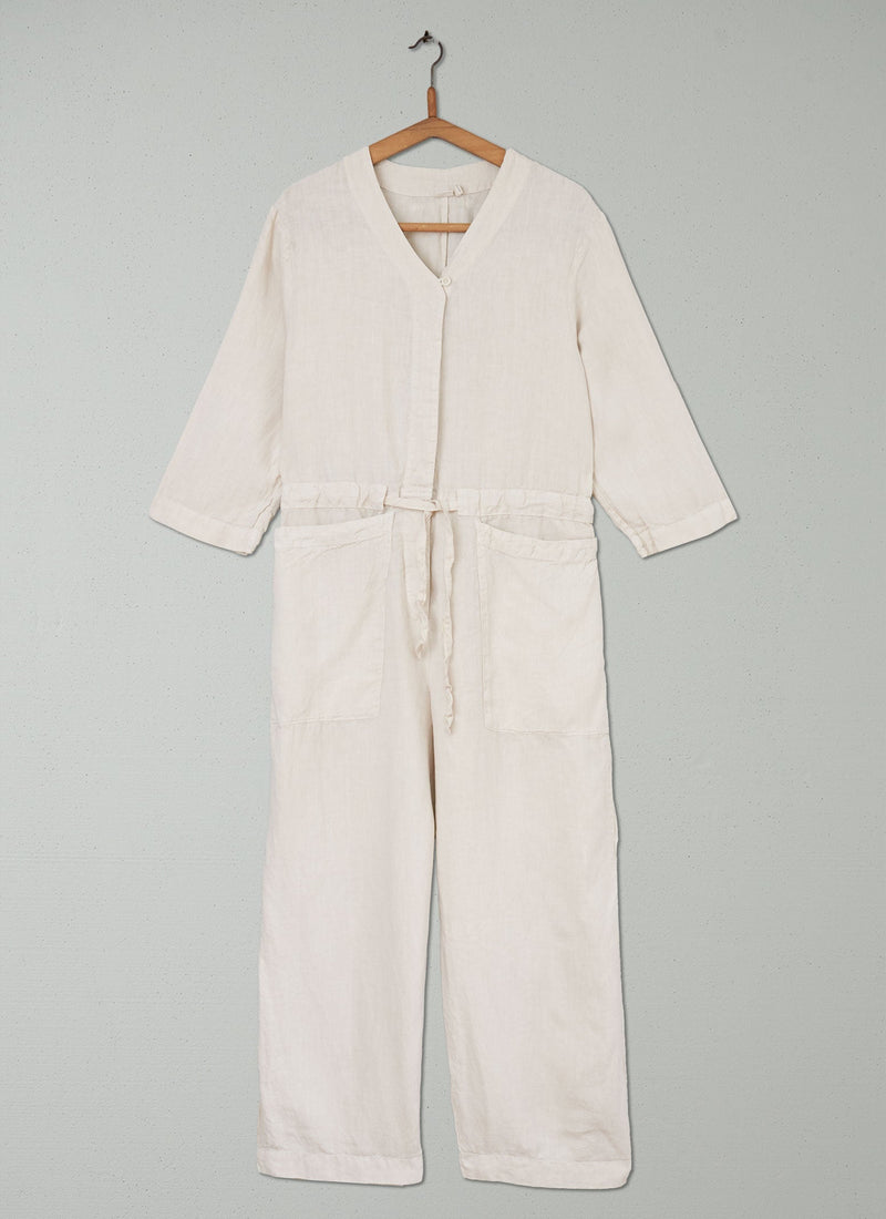 Reworn Tie Waist Linen Jumpsuit Size M (744) | Parchment