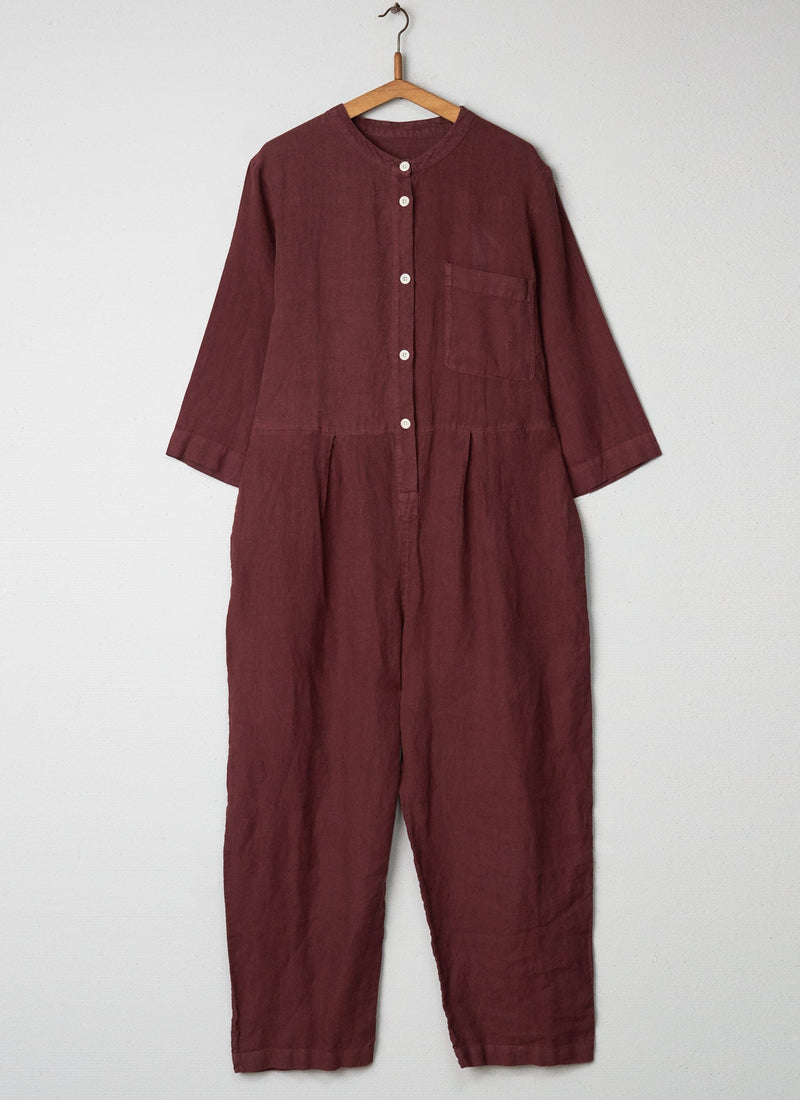 Reworn Garment Dyed Linen Jumpsuit Size L (001) | Bitter Chocolate