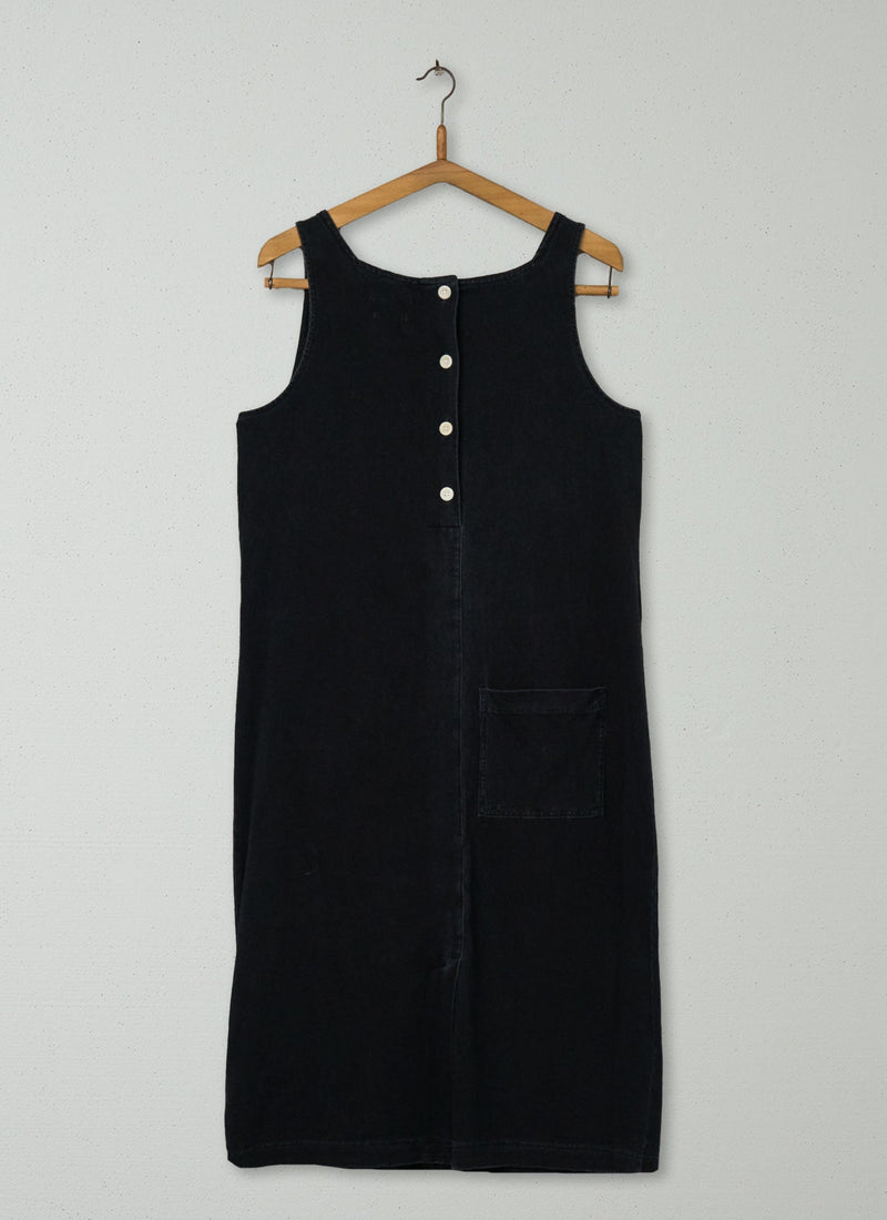 Reworn Button Back Cotton Dress Size M (1158) | Washed Black
