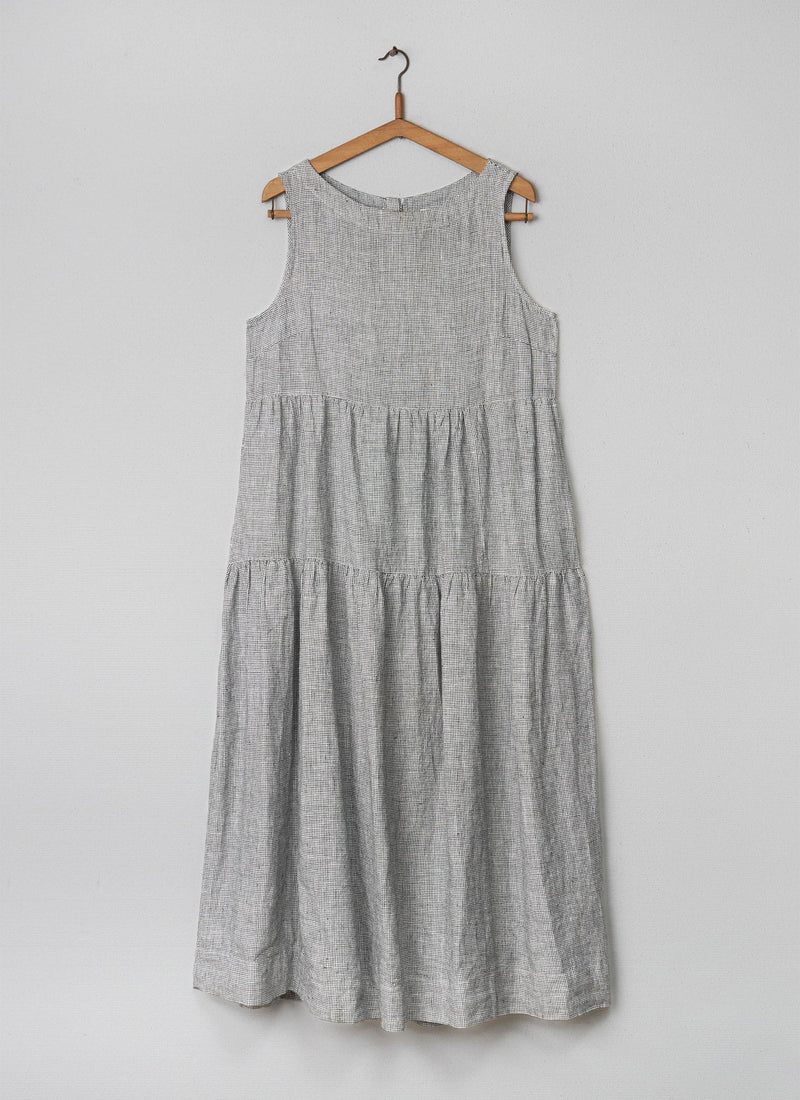 Reworn Space Check Linen Dress Size S (004) | Chalk/Slate