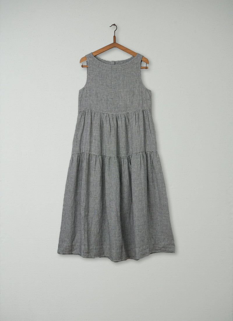 Reworn Check Linen Dress Size XS (208) | Chalk/Slate