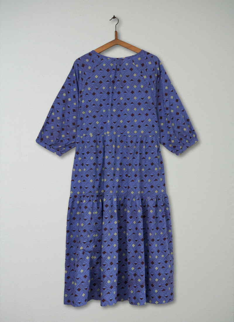 Reworn Block Print Cotton Dress Size M (476) | Cornflower