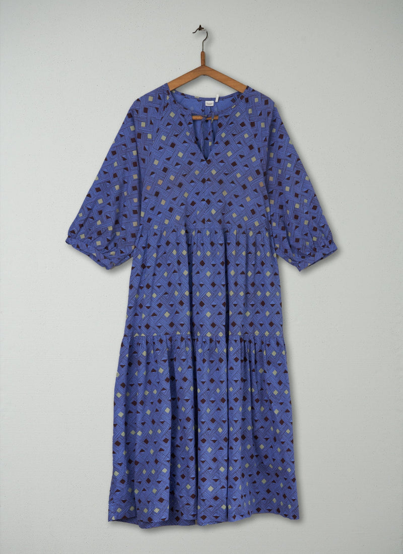 Reworn Block Print Cotton Dress Size M (476) | Cornflower