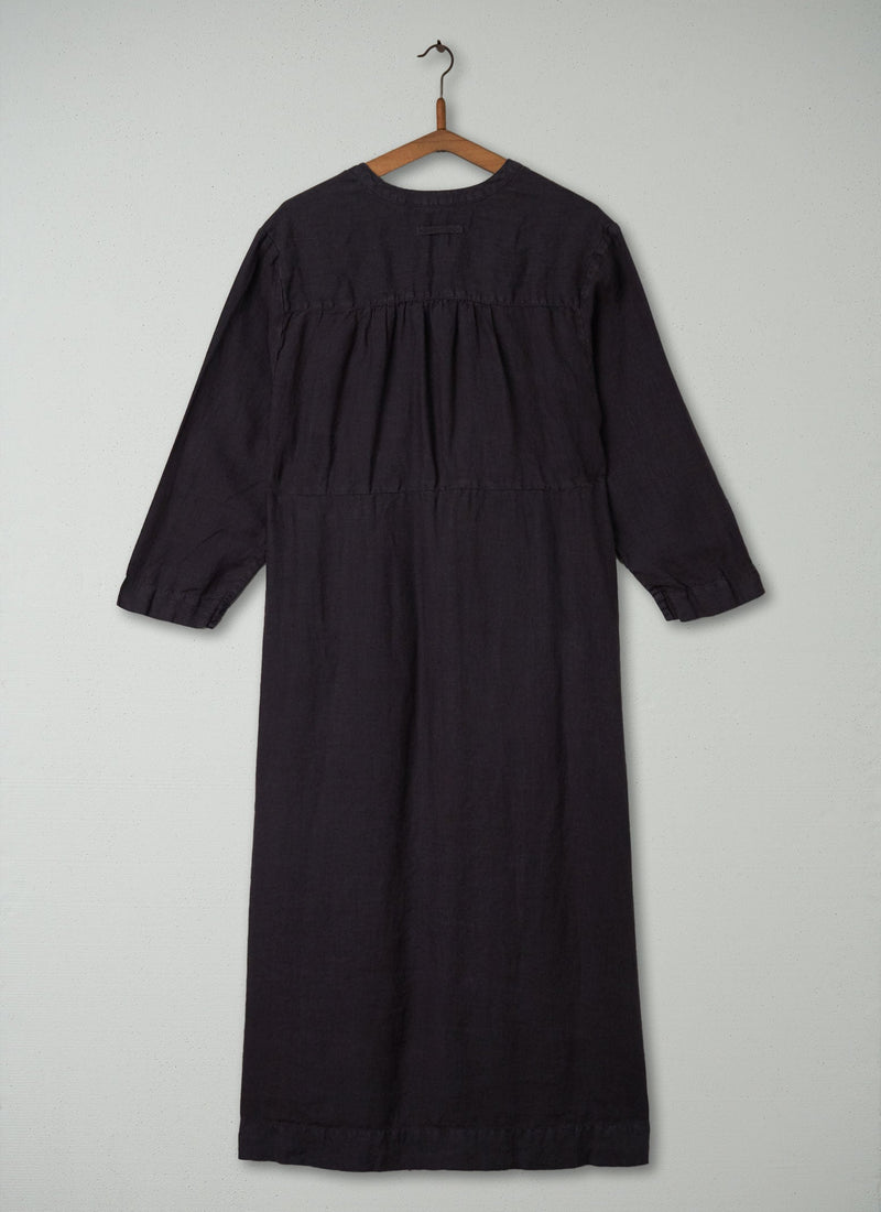 Reworn Gathered Linen Dress Size M (369) | Dark Grey