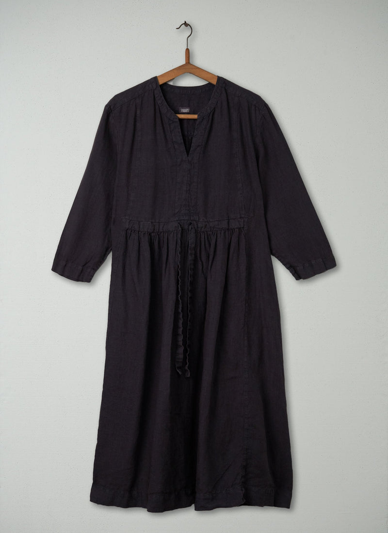 Reworn Gathered Linen Dress Size M (369) | Dark Grey