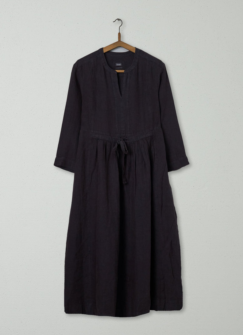 Reworn Gathered Linen Dress Size S (1376) | Charcoal