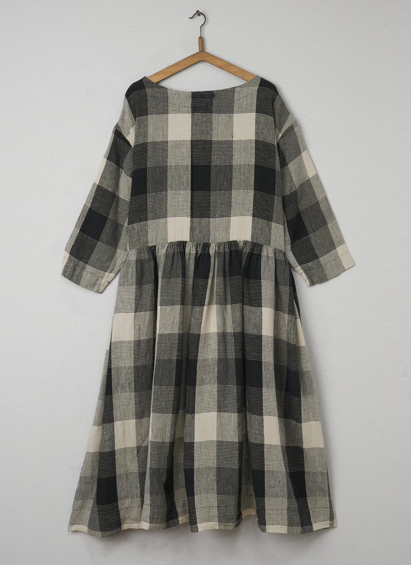 Reworn Linen Check Dress Size L (049) | Charcoal/Oat