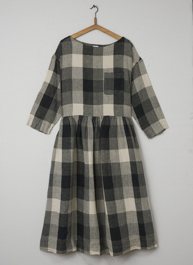 Reworn Linen Check Dress Size L (049) | Charcoal/Oat