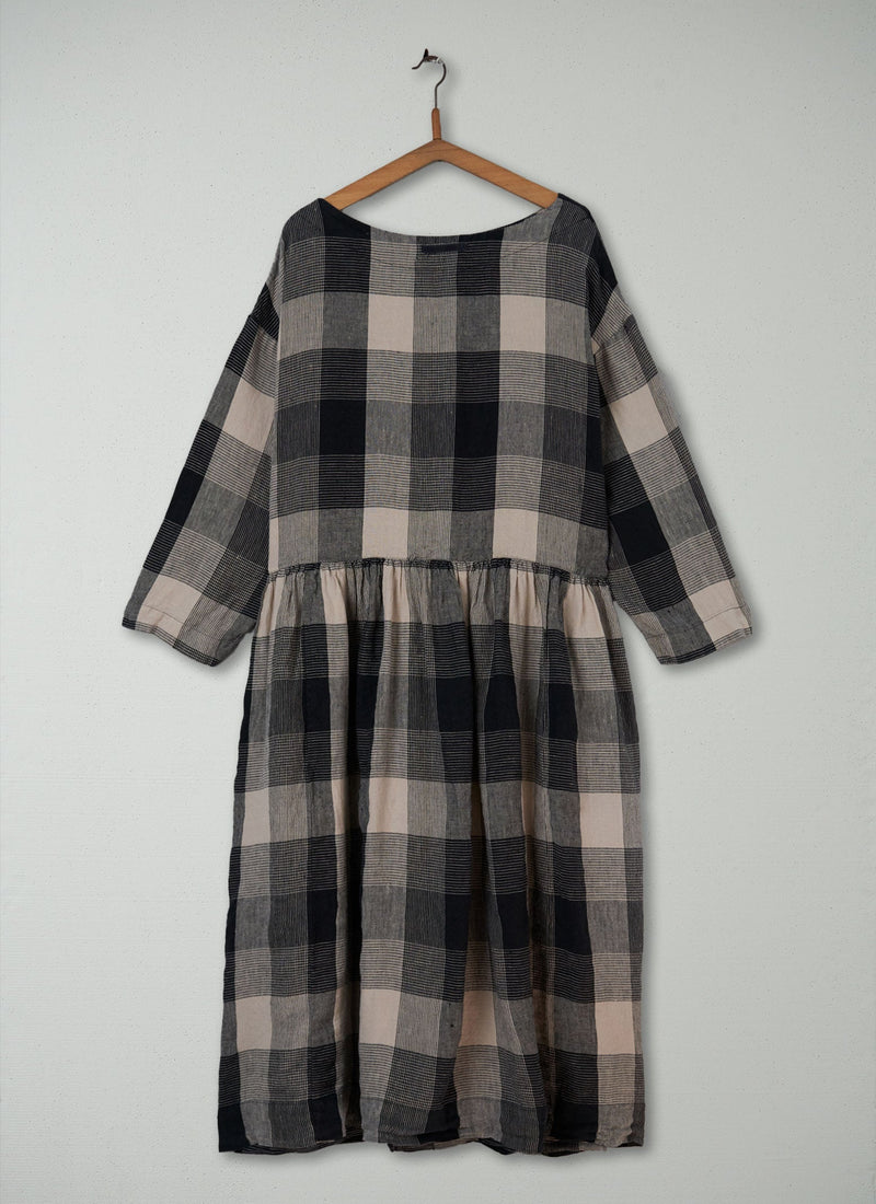 Reworn Check Linen Dress Size M (1225) | Charcoal/Oat