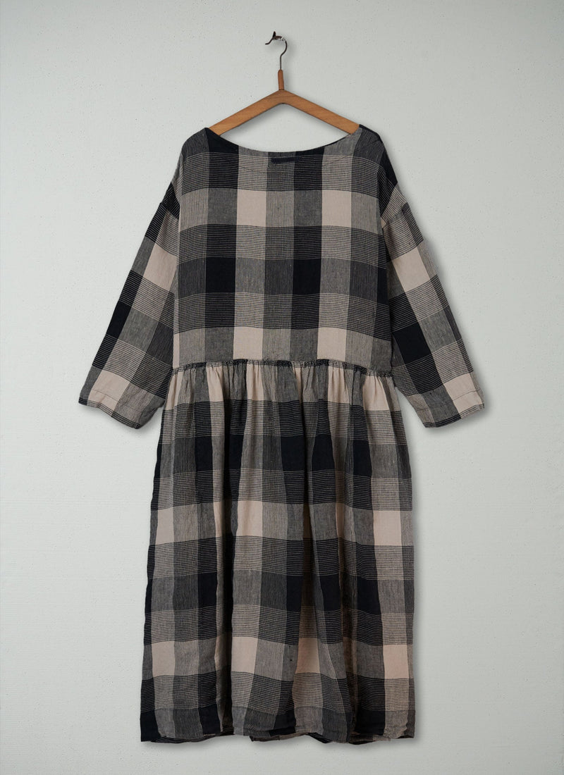 Reworn Check Linen Dress Size XL (494) | Charcoal/Oat