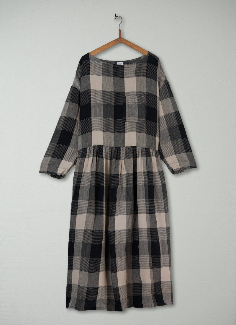 Reworn Check Linen Dress Size XL (494) | Charcoal/Oat