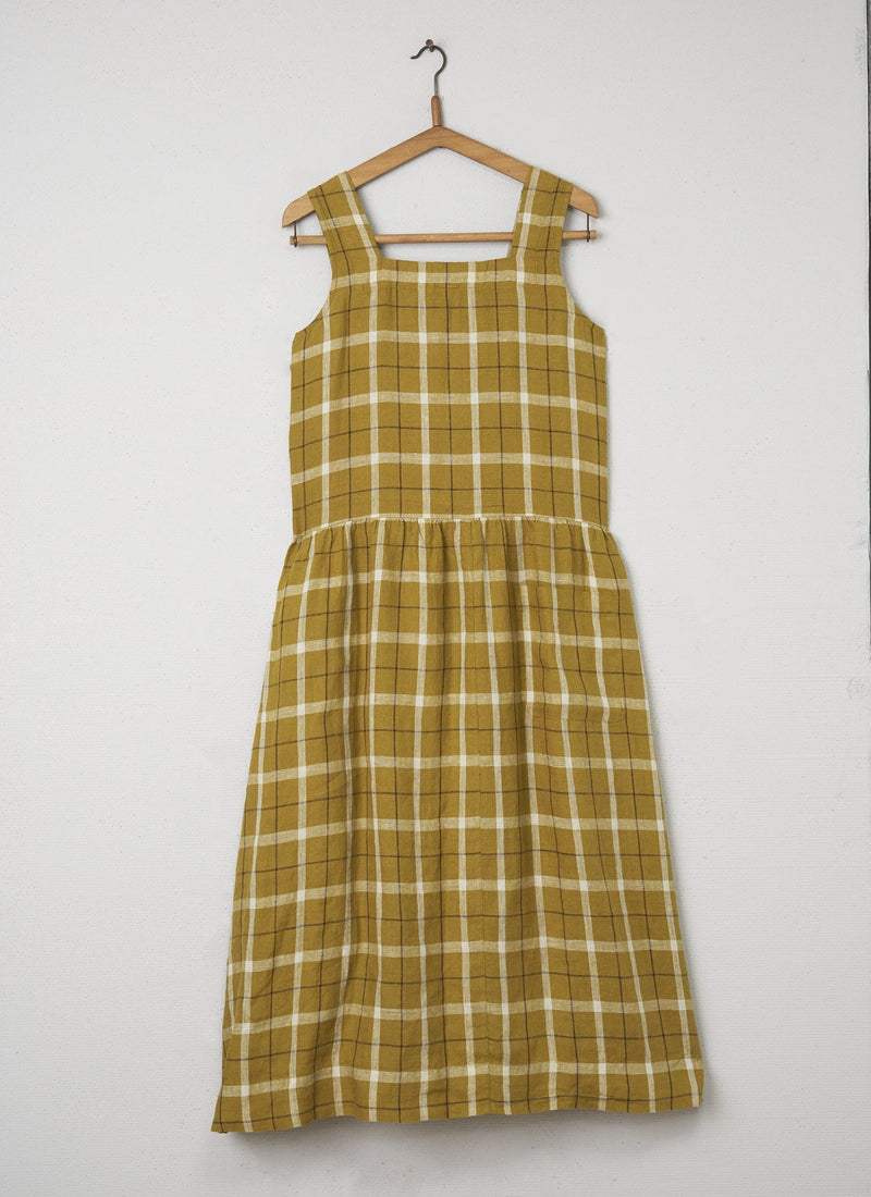 Reworn Check Linen Dress Size S (067) | Fenugreek/White Dahlia