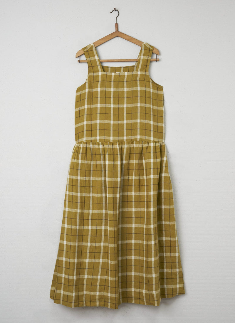Reworn Check Linen Dress Size S (067) | Fenugreek/White Dahlia