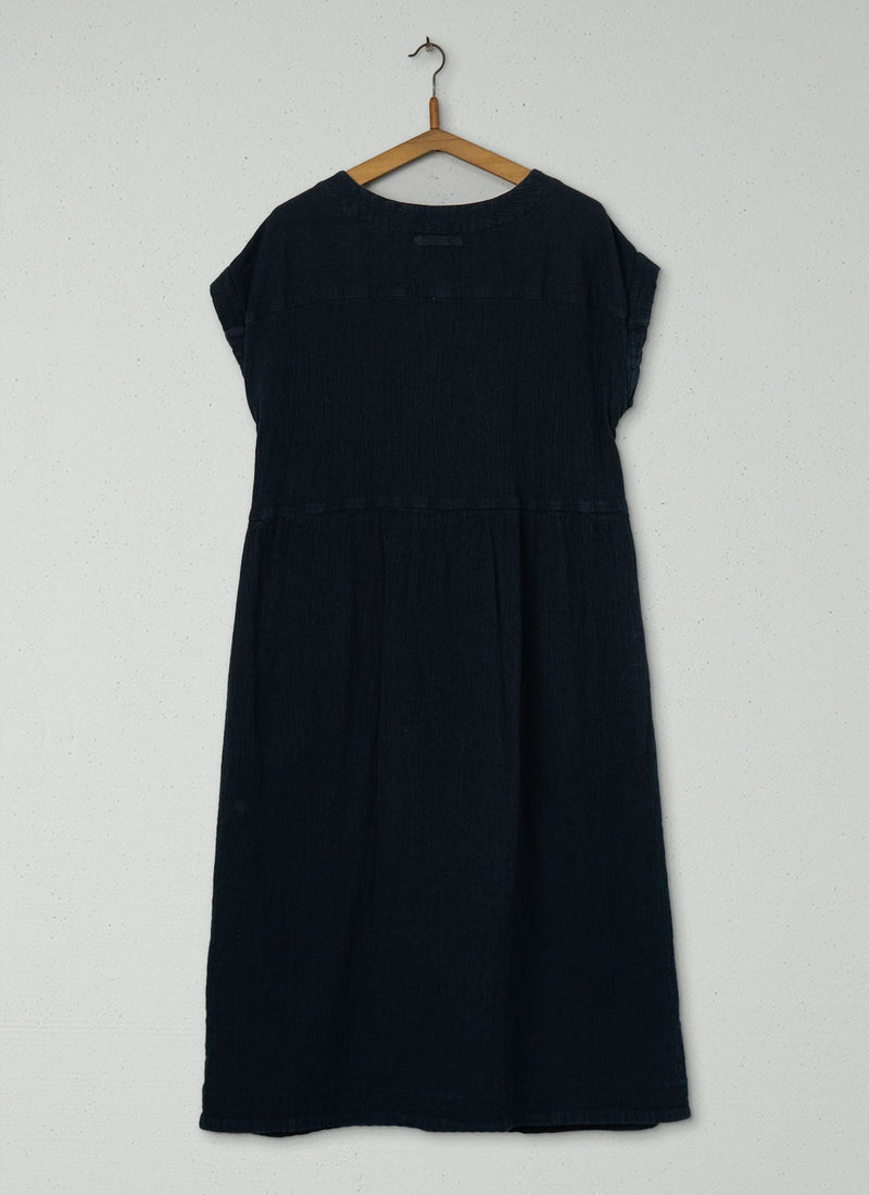 Reworn Square Neck Crinkle Cotton Dress Size M (1151) | Black