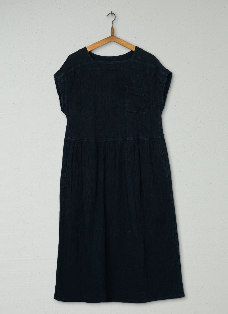 Reworn Square Neck Crinkle Cotton Dress Size M (1151) | Black