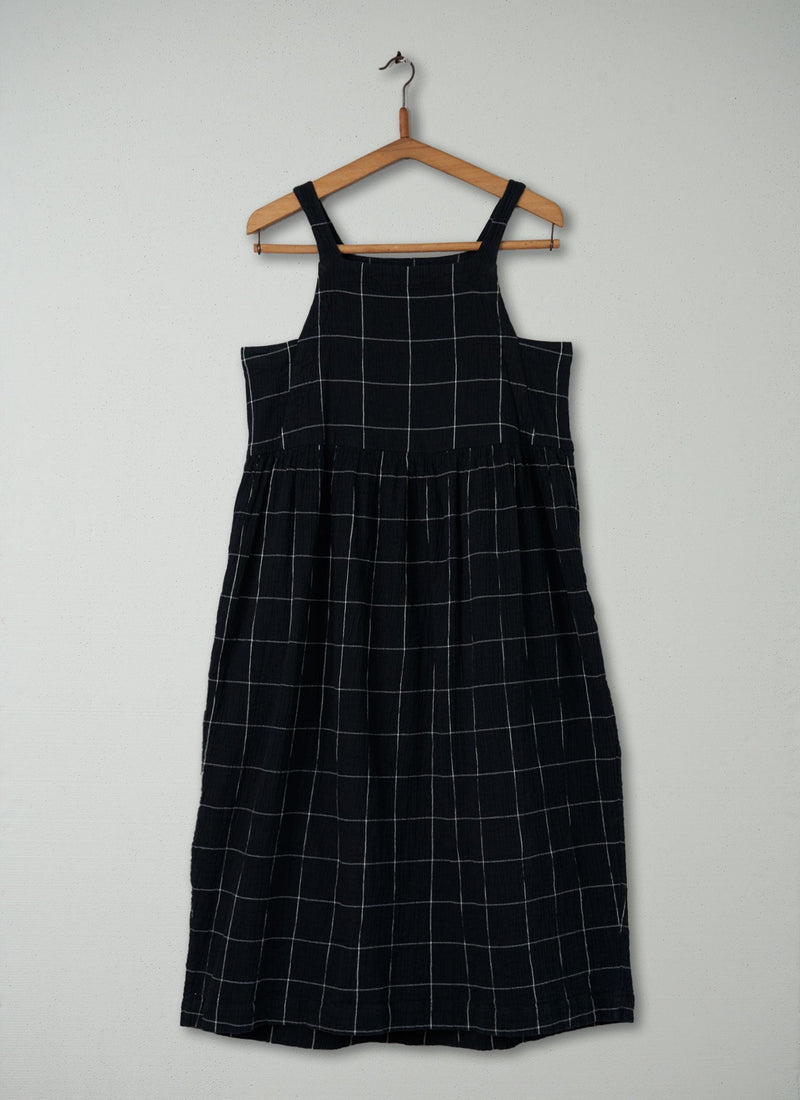 Reworn Crinkled Cotton Dress Size L (433) | Charcoal/Ecru