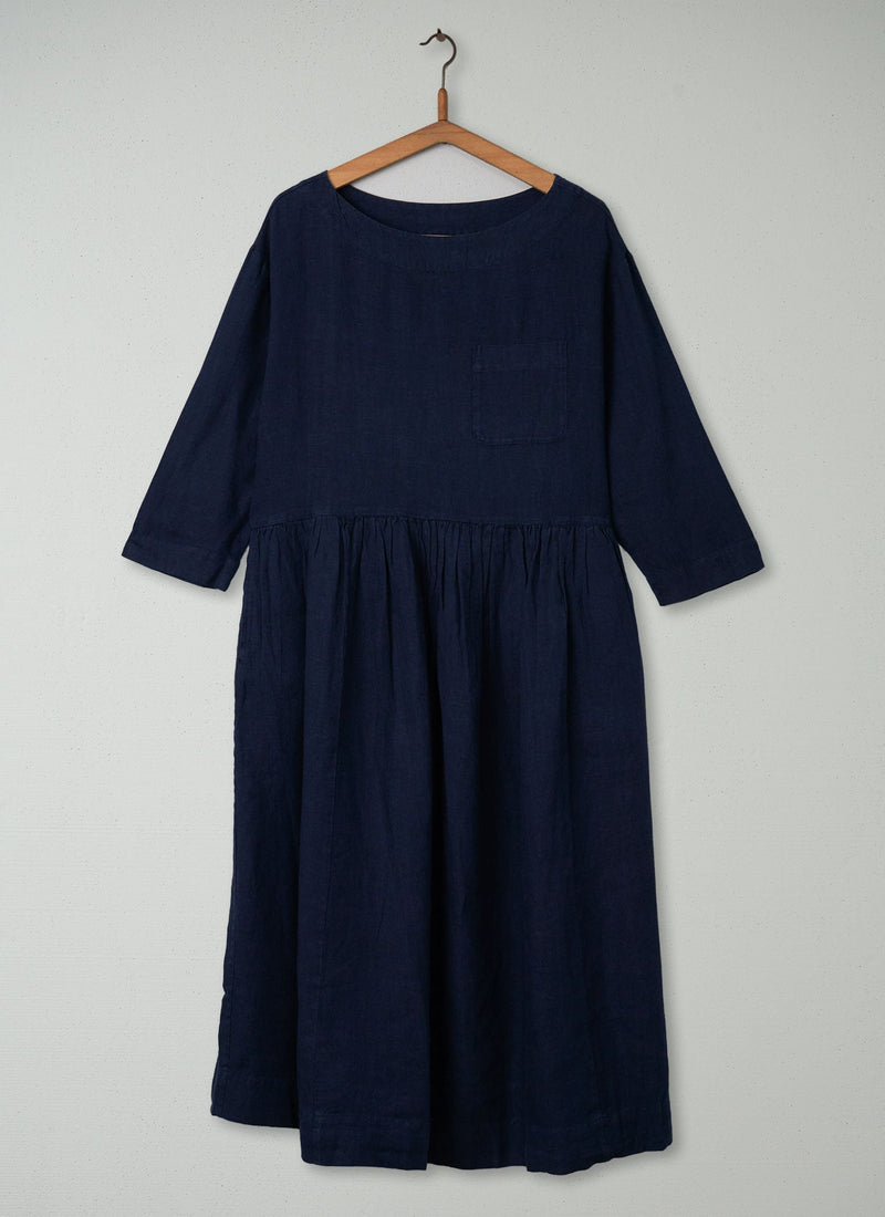 Reworn Boat Neck Linen Dress Size M (372) | Midnight