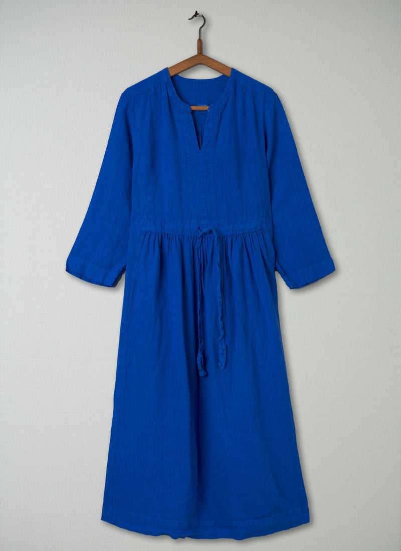 Reworn Gathered Linen Dress Size L (444) | Sapphire
