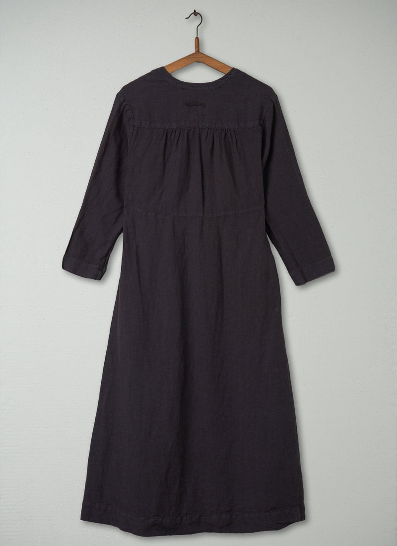 Reworn Gathered Linen Dress Size S (380) | Dark Grey
