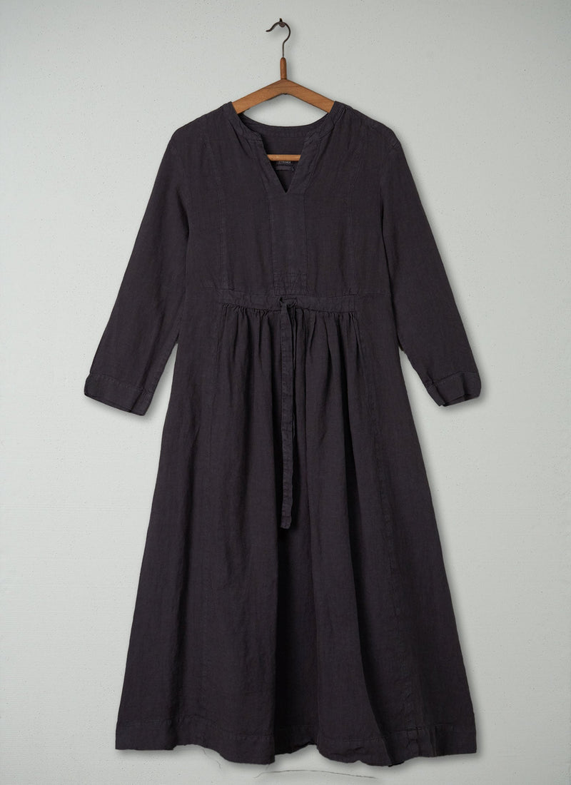 Reworn Gathered Linen Dress Size S (380) | Dark Grey
