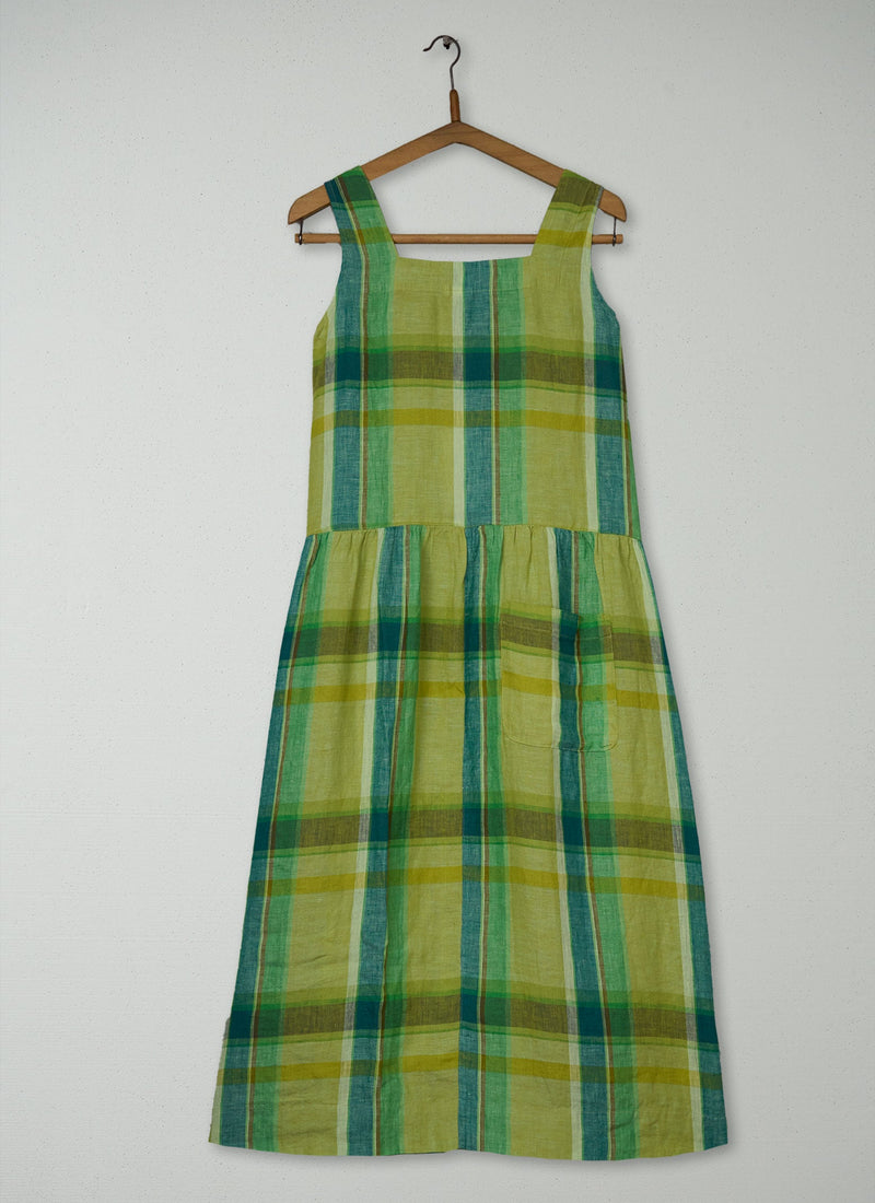 Reworn Check Linen Dropped Waist Dress Size XS (1889) | Multi