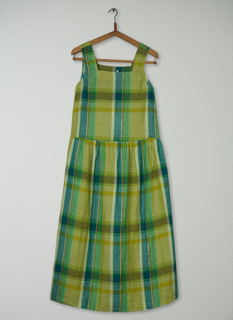 Reworn Check Linen Dropped Waist Dress Size XS (1889) | Multi