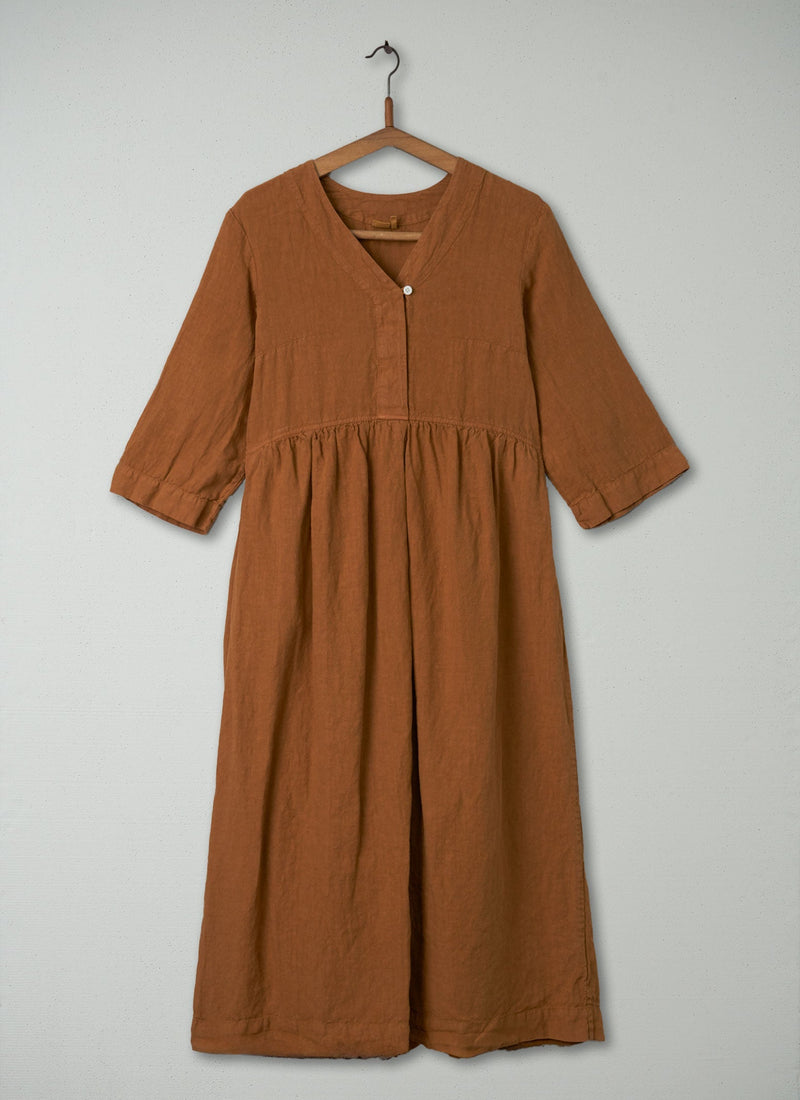 Reworn V-Neck Linen Dress Size XS (349) | Caramel