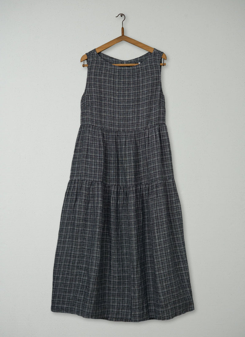 Reworn Check Linen Dress Size M (1643) | Charcoal