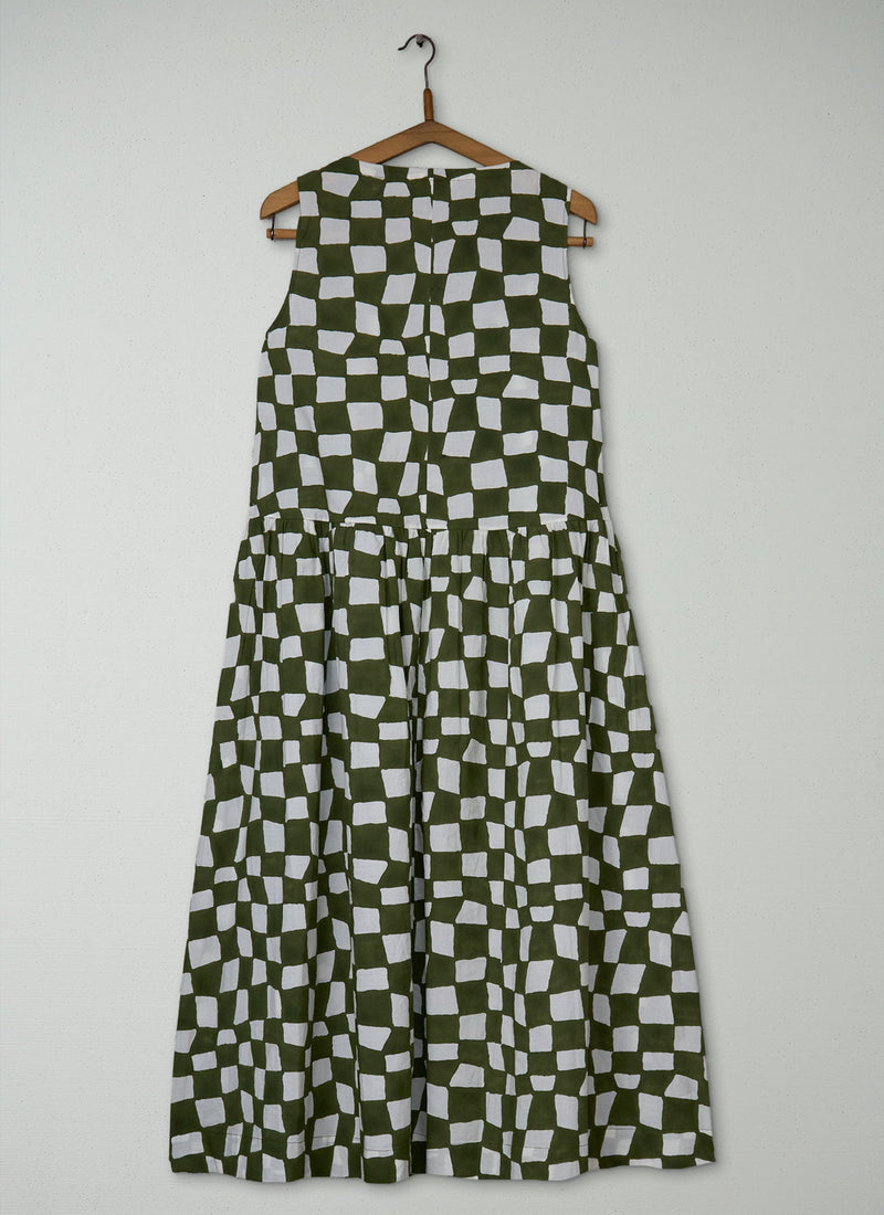 Reworn Block Print Dress Size 10 (1906) | Olive