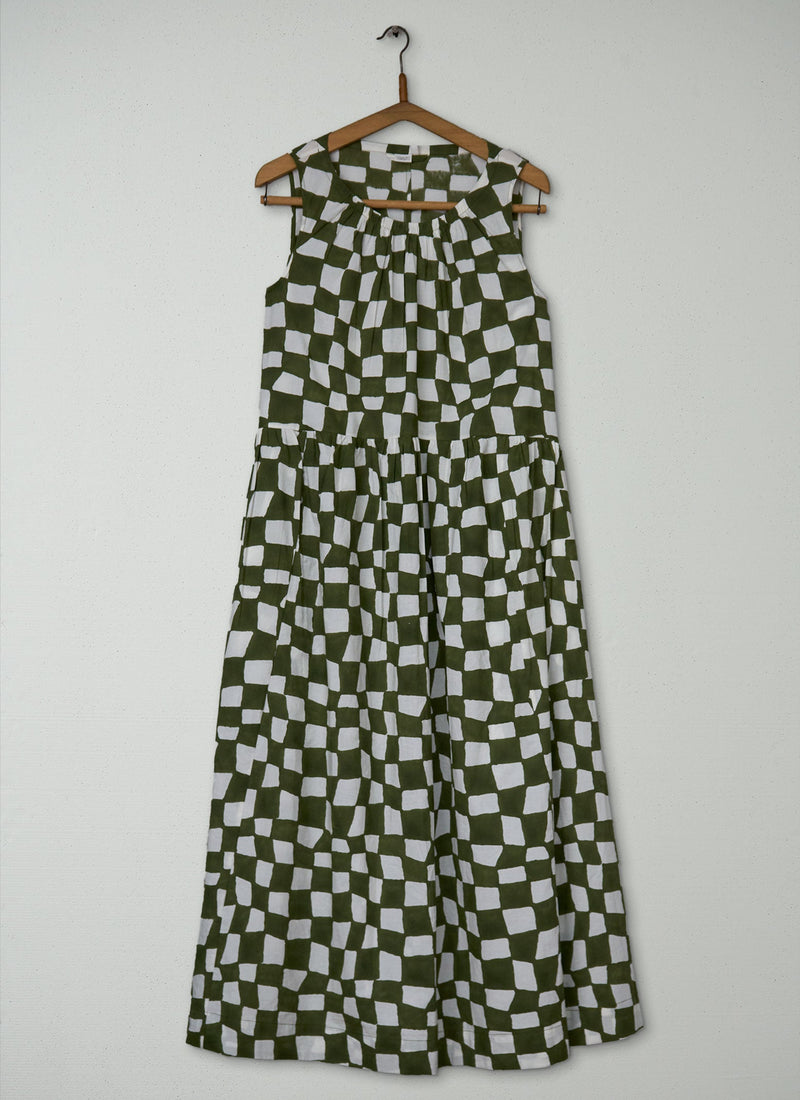 Reworn Block Print Dress Size 10 (1906) | Olive