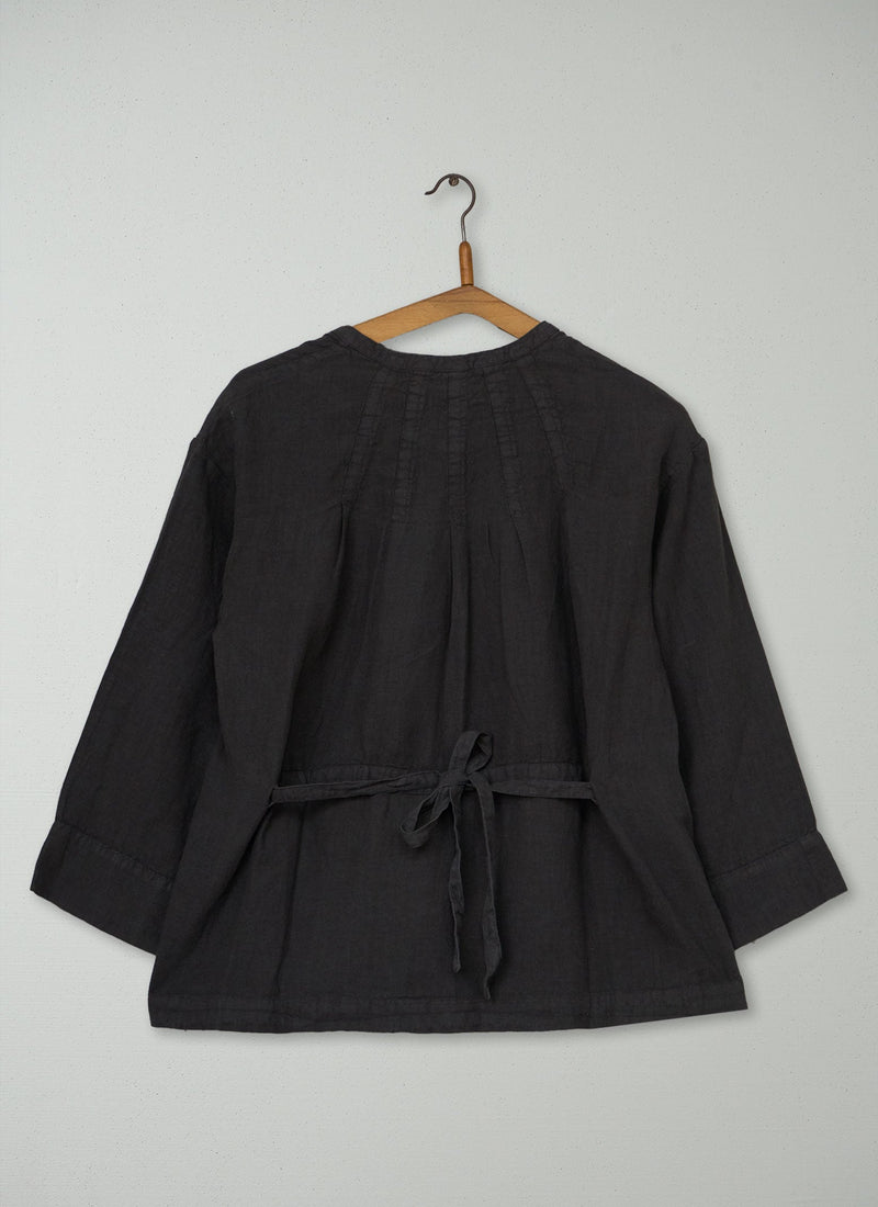 Reworn Linen Tie Shirt Size S (1144) | Black Coffee