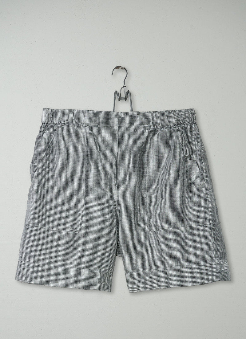 Reworn Check Linen Shorts Size L (269) | Chalk/Slate