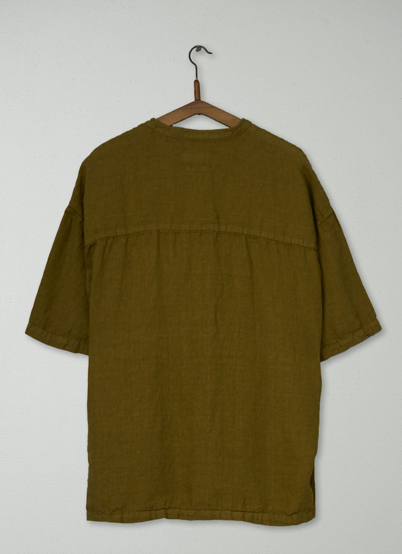Reworn Mens Grandad Collar Linen Shirt Size M (067) | Durian Green