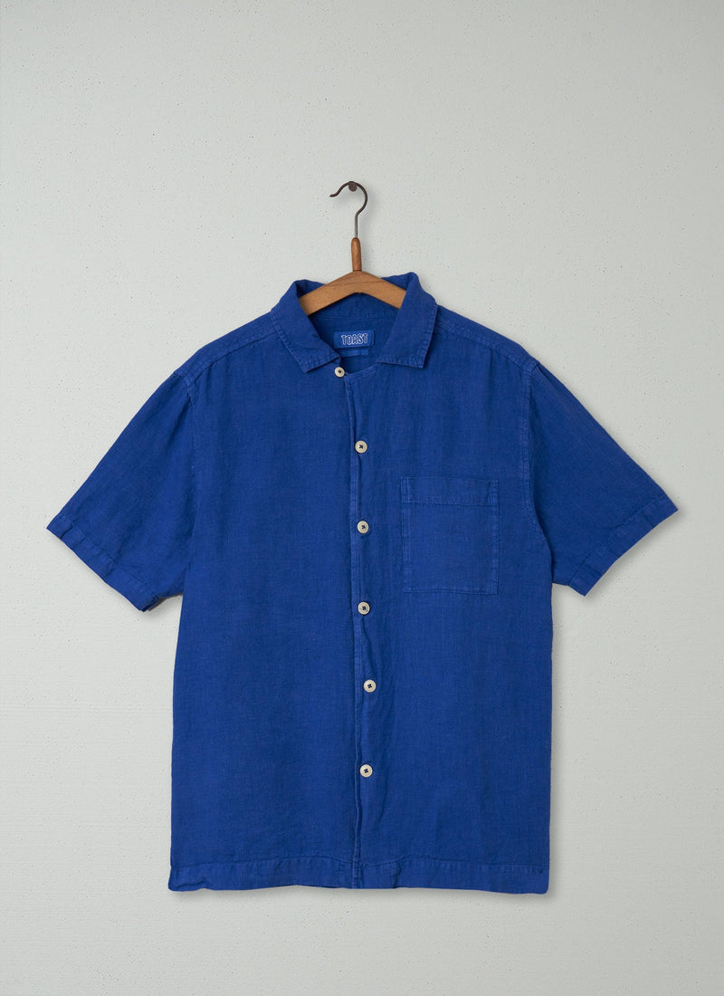 Reworn Mens Linen Short Sleeve Shirt Size L (008) | Cobalt