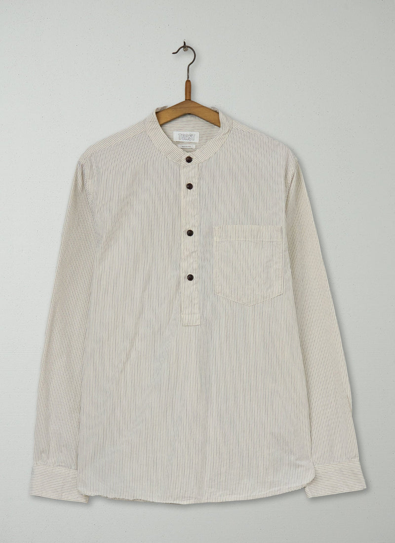Reworn Grandad Collar Stripe Shirt Size M (021) | Multi