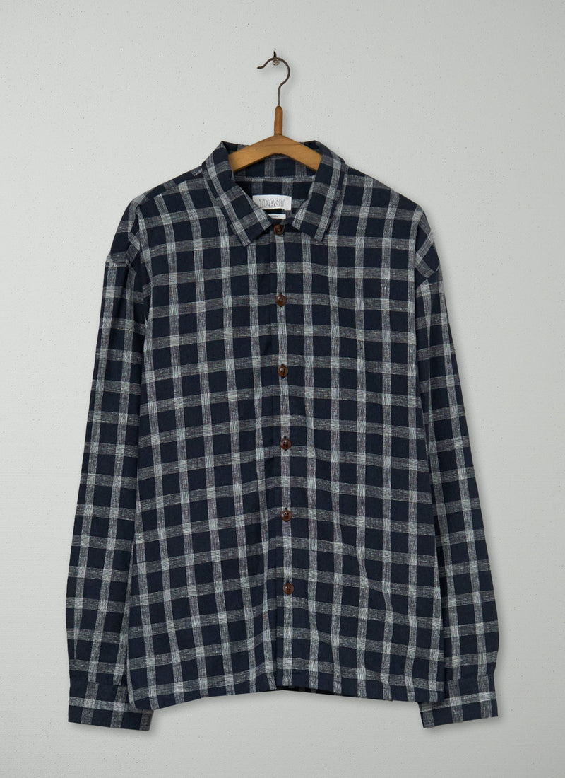 Reworn Mens Cotton Linen Check Shirt Size M (026) | Slate
