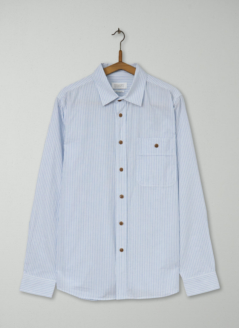 Reworn Mens Cotton Stripe  Shirt Size M (027) | Ecru/Blue