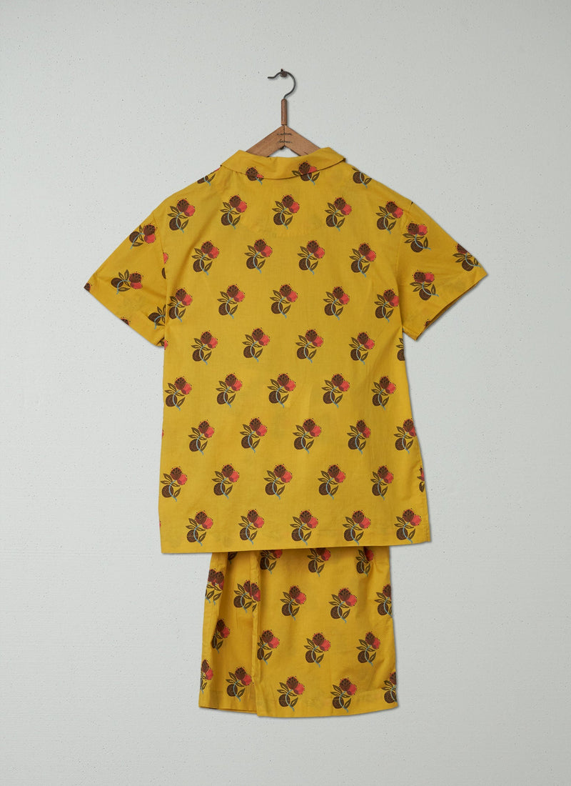 Reworn Block Print Cotton Pyjamas Size M (012) | Mustard Multi