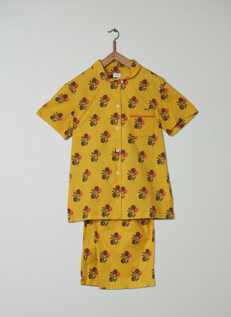 Reworn Block Print Cotton Pyjamas Size M (012) | Mustard Multi
