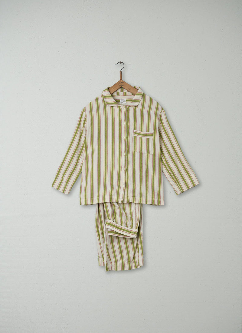 Reworn Cotton Flannel Pyjamas Size S (008) | Ecru/Olive