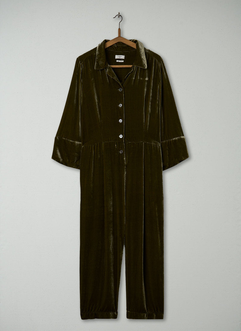Reworn Silk Velvet Jumpsuit Size 18 (934) | Rich Olive