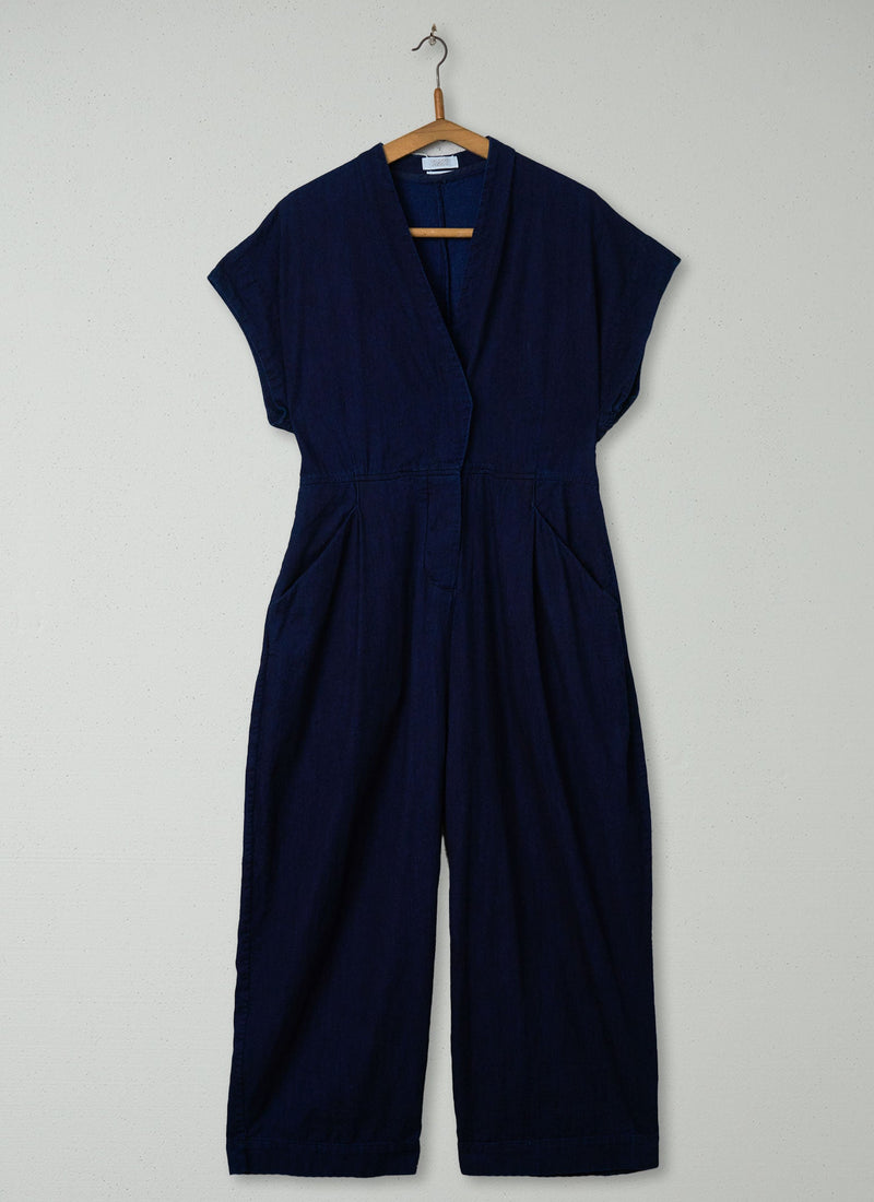 Reworn Cross Front Twill Jumpsuit Size 12 (771) | Indigo